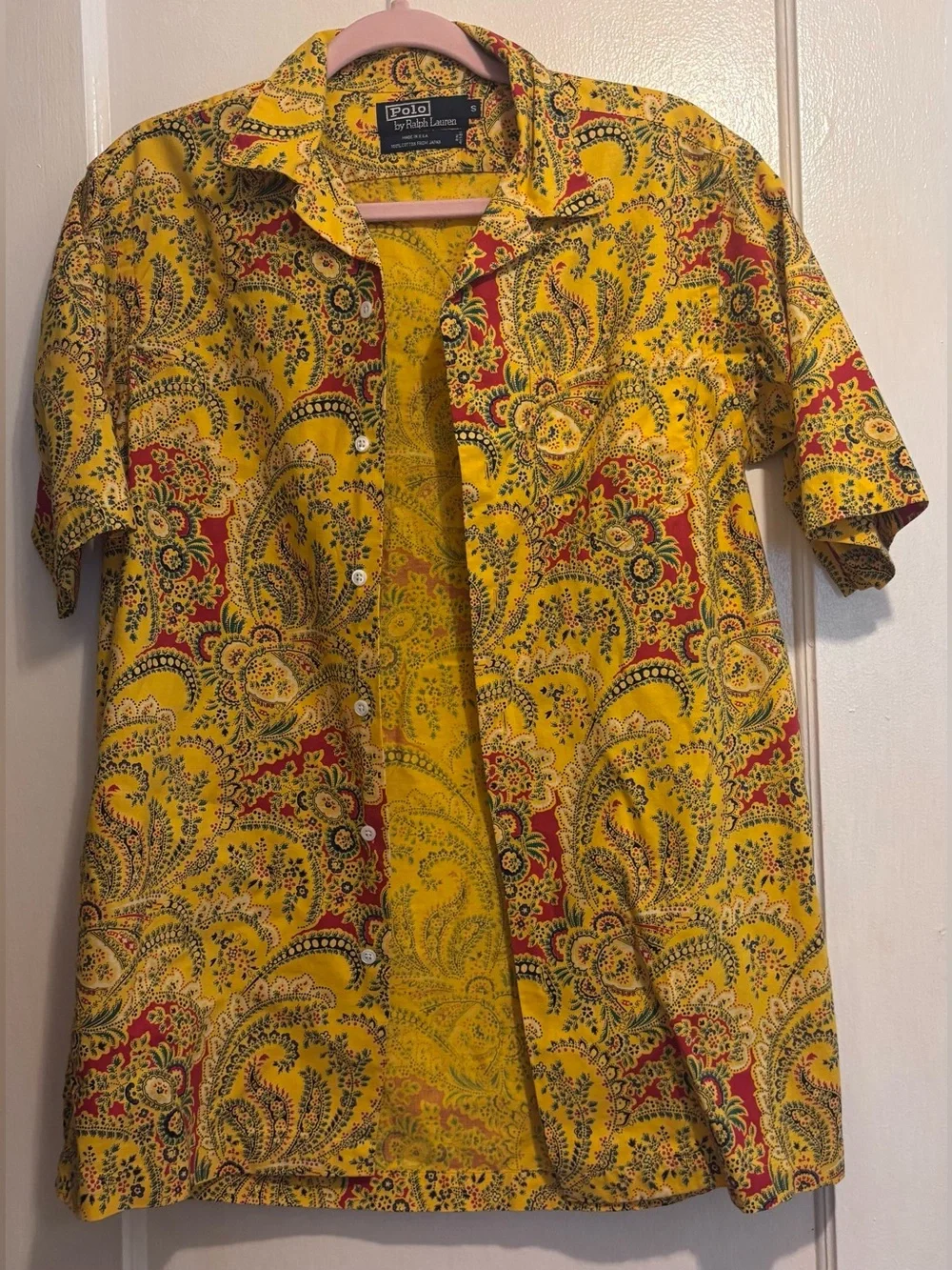 Vintage Polo Ralph Lauren Paisley Camp Shirt Yellow Cotton Button Up Made USA S
